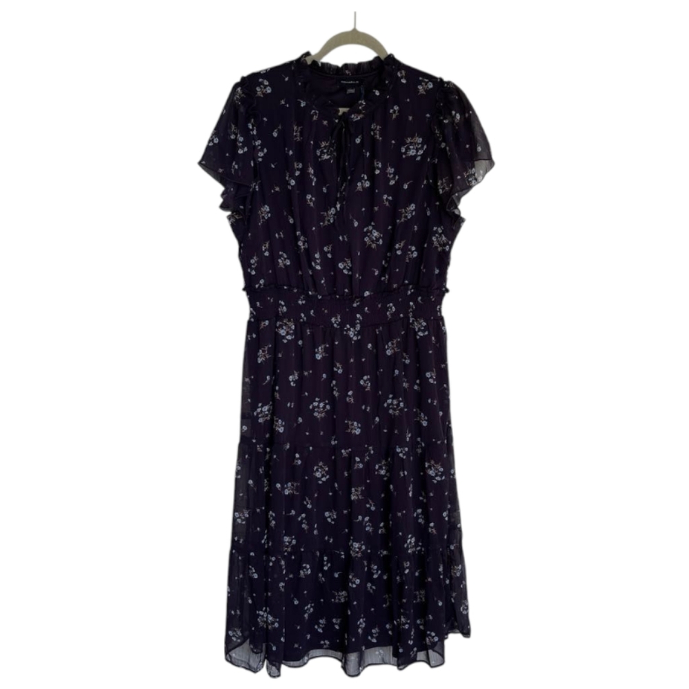 1X Plus Floral Tie-Neck Midi Dress in Dark Purple